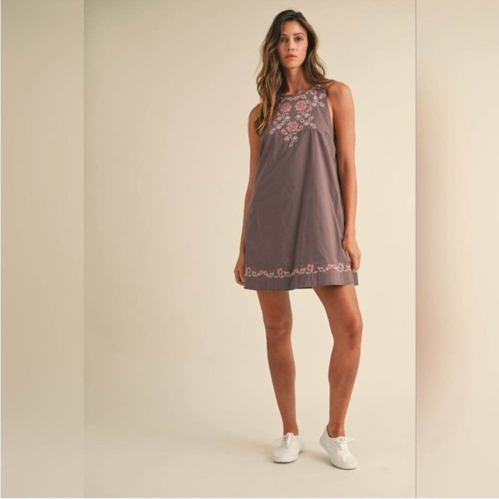 Anthropologie Mable dark plum embroidery Floral print mini dress M NWT - Picture 3 of 12